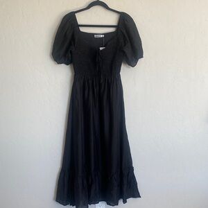 inmod Women’s Black Puff Sleeve Smocked Long Dress Square Neck Ruffle Hem Size L